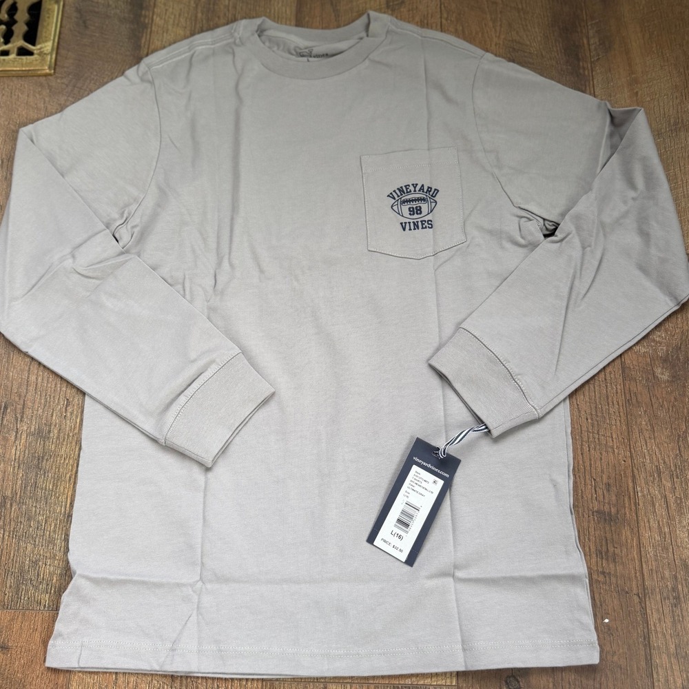 Vineyard Vines Boys Football Long Sleeve Pocket Tee Gray NWT‎ Size L 16